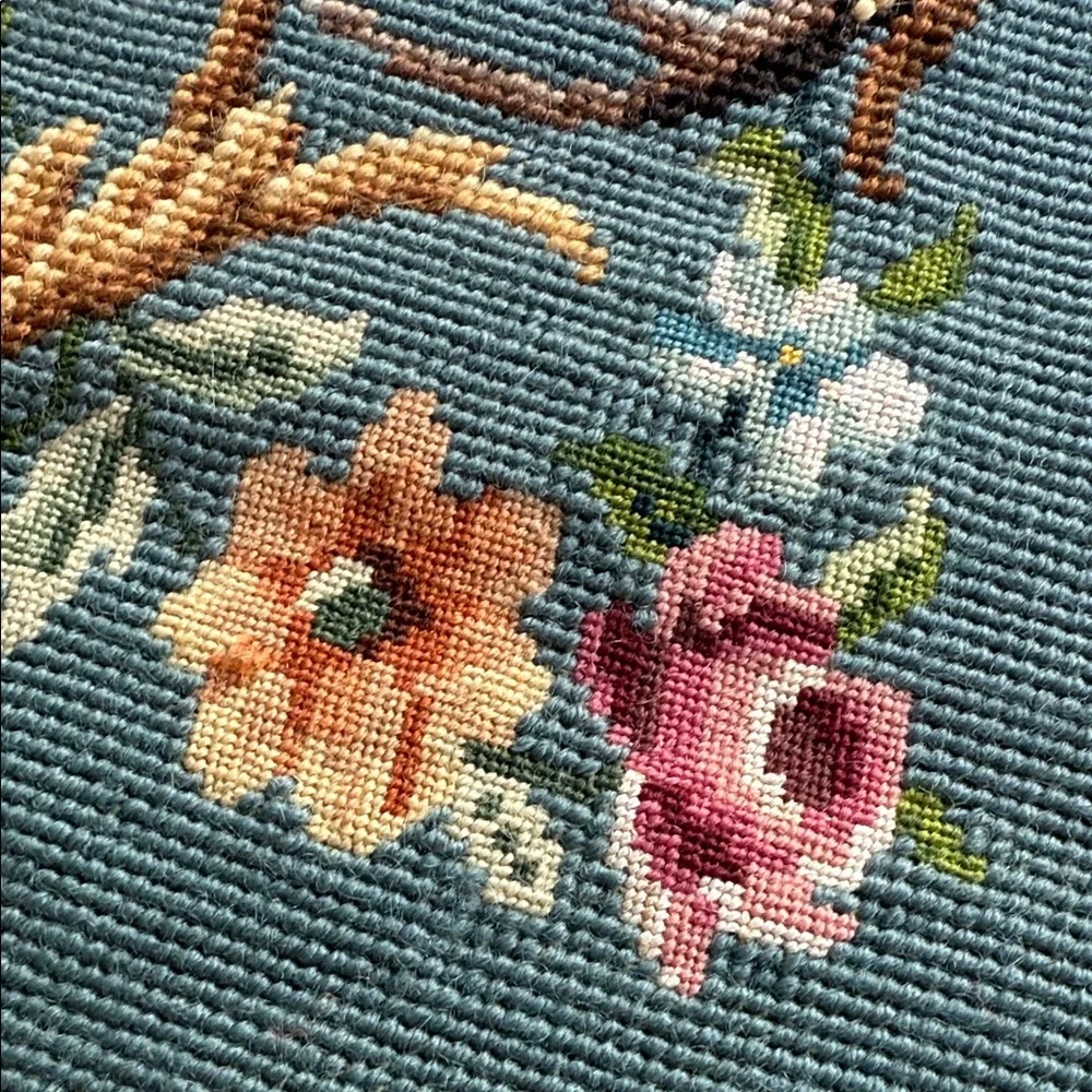 Floral Embroidered Vintage Handmade Floral Art in Blue